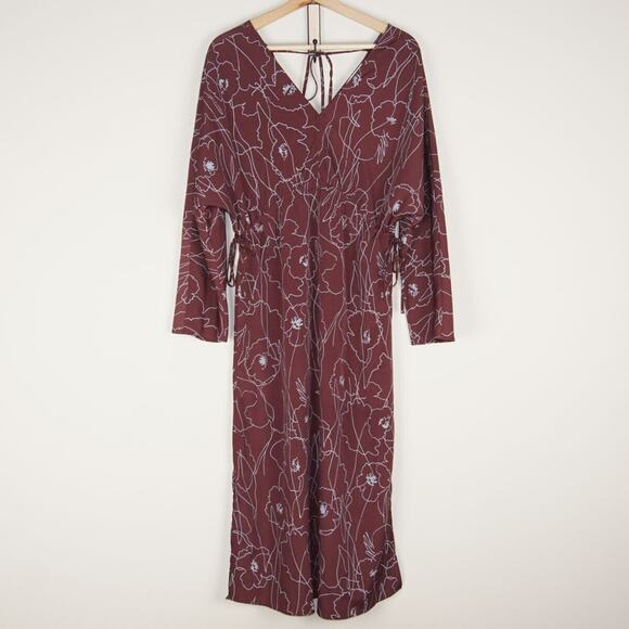 Oak Fort Kimono Cinch Waist Side Slit Floral Dress Maroon Womens Sz S - Picture 2 of 8